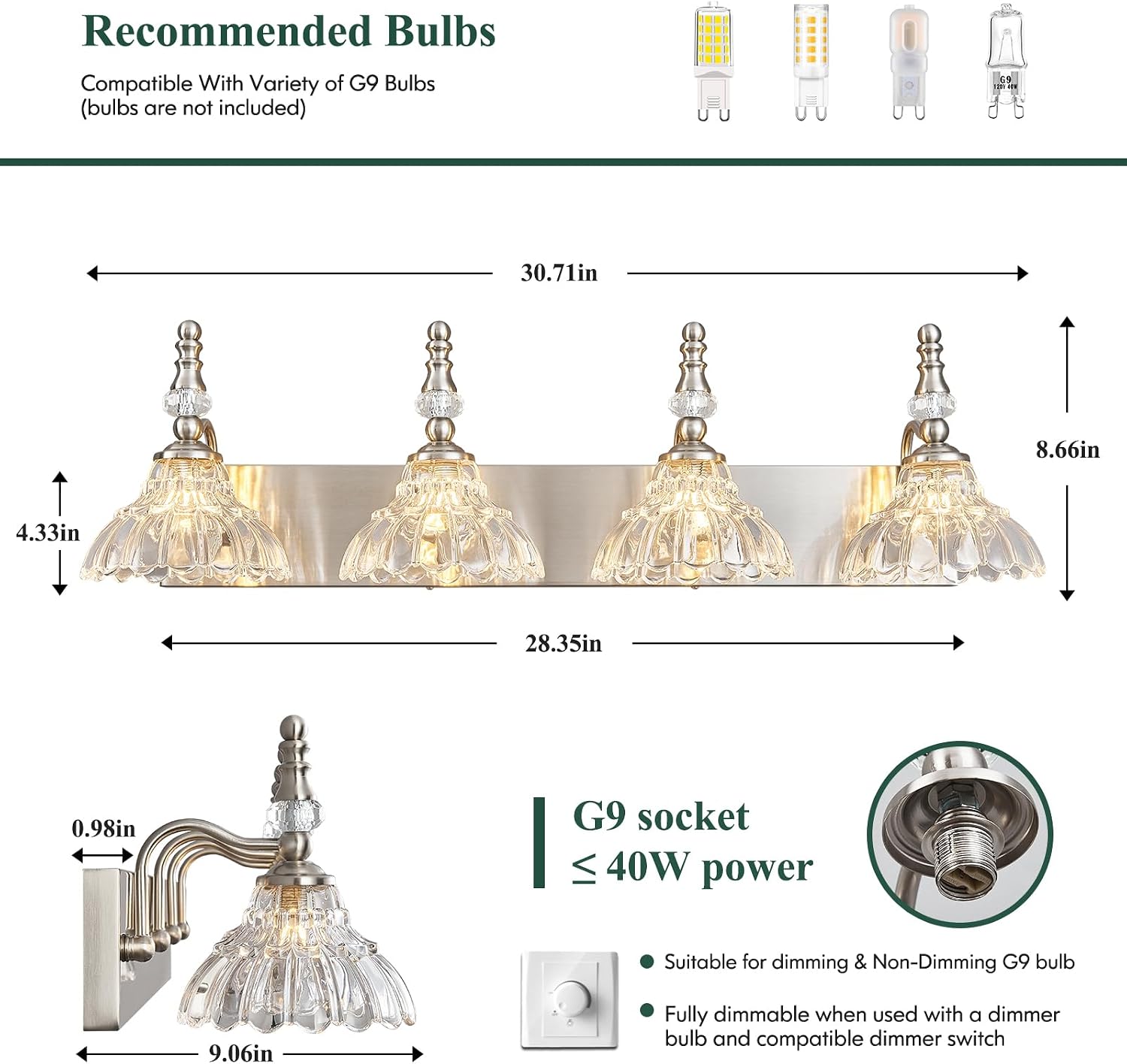 Vintage Bathroom Vanity Light, 4-Light Brushed Nickel Vanity Lighting Fixture with Flower Glass Shade, Bathroom Lighting Fixtures Over Mirror
