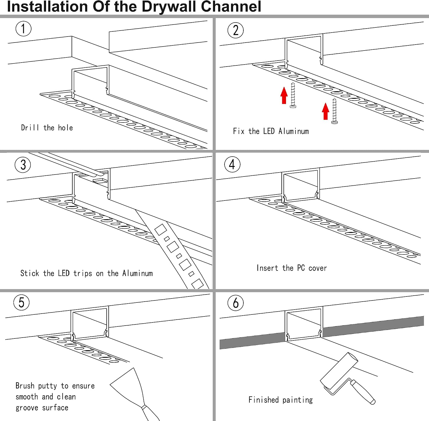 hunhun 10-Pack6.6ft/2Meter Drywall LED Aluminum Channel System with Milky Cover, End Caps and Mounting Clips, Aluminum Profile for LED Strip Light Installations (Single-Edge-6.6ft, 10)