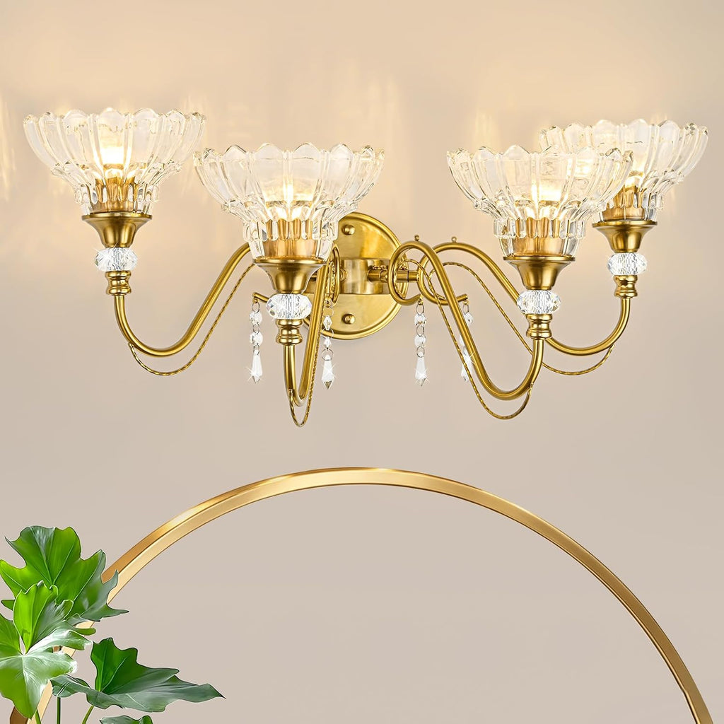 Vintage Bathroom Vanity Light, 4-Light Brushed Gold Finish Wall Sconce with Hanging Crystal Accents and Flower-Shaped Clear Glass Shades, Retro Wall Mount Vanity Light Over Mirror for Bathroom