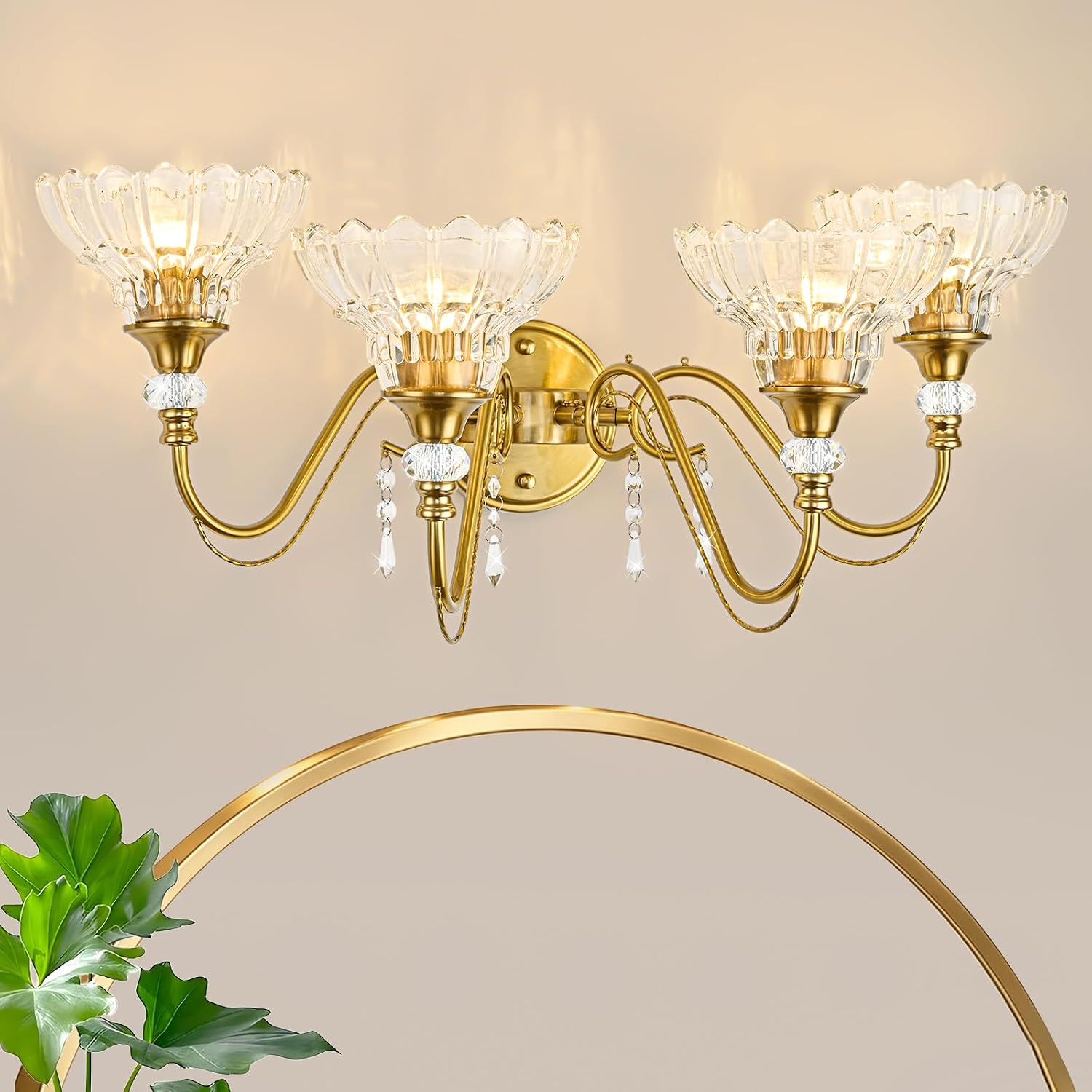 Vintage Bathroom Vanity Light, 4-Light Brushed Gold Finish Wall Sconce with Hanging Crystal Accents and Flower-Shaped Clear Glass Shades, Retro Wall Mount Vanity Light Over Mirror for Bathroom