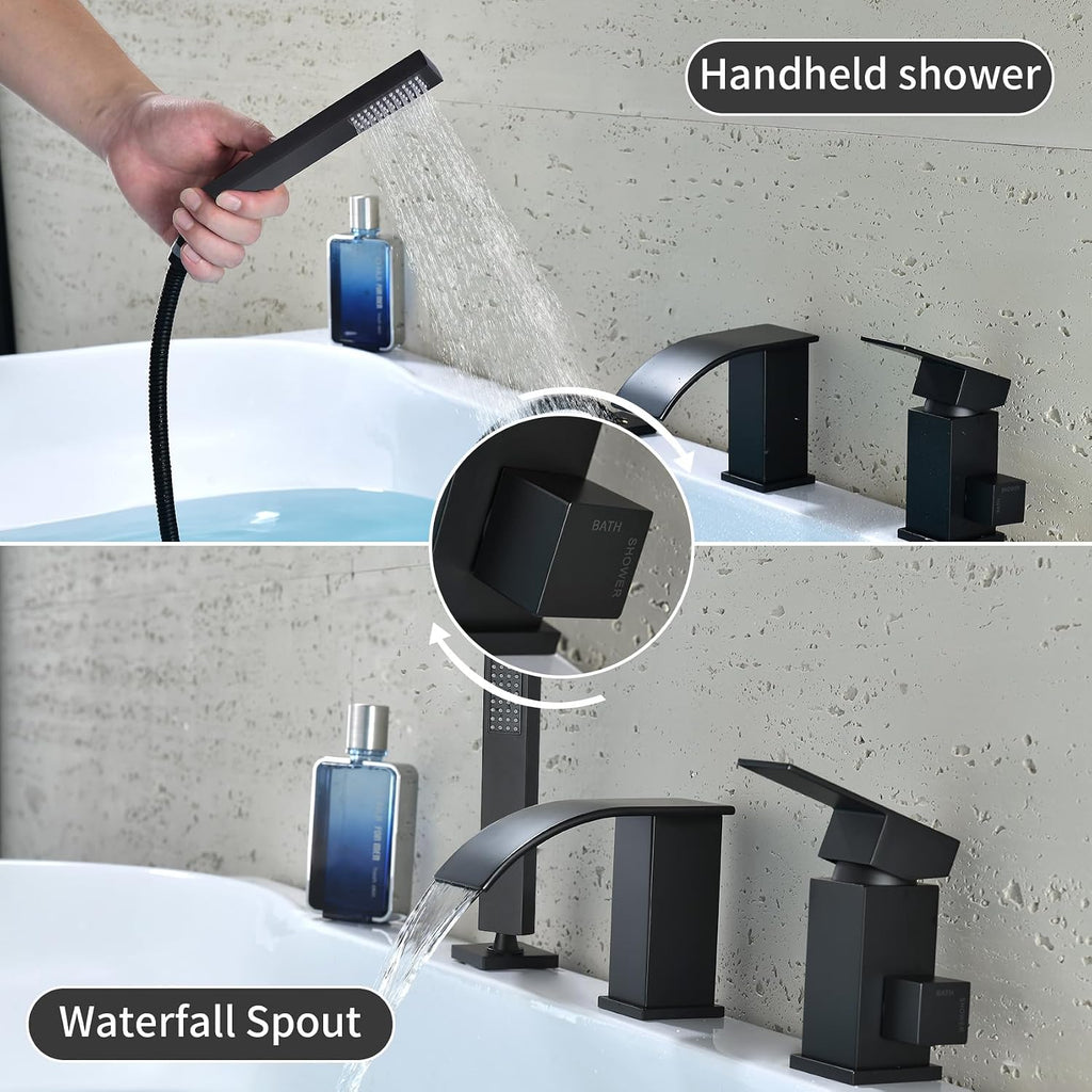 TapLong Waterfall Roman Tub Faucet with Hand Shower, Deck Mount 3 Hole Bathtub Faucet Set High Flow Bath Tub Faucet Set Deck Mount Solid Brass, Matte Black,03766B