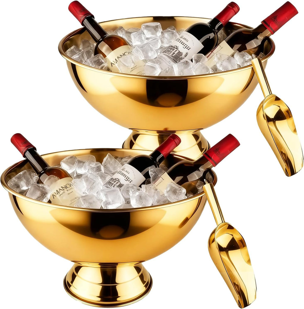 Large Ice Bucket 13L Stainless Steel Champagne Bowl Ice Bucket with Ice Scoop Semicircle Drink Tub with Integrated Base Silver Beverage Tub for Parties, Cocktail Bar, Chilling Wine (2 Packs-Gold)