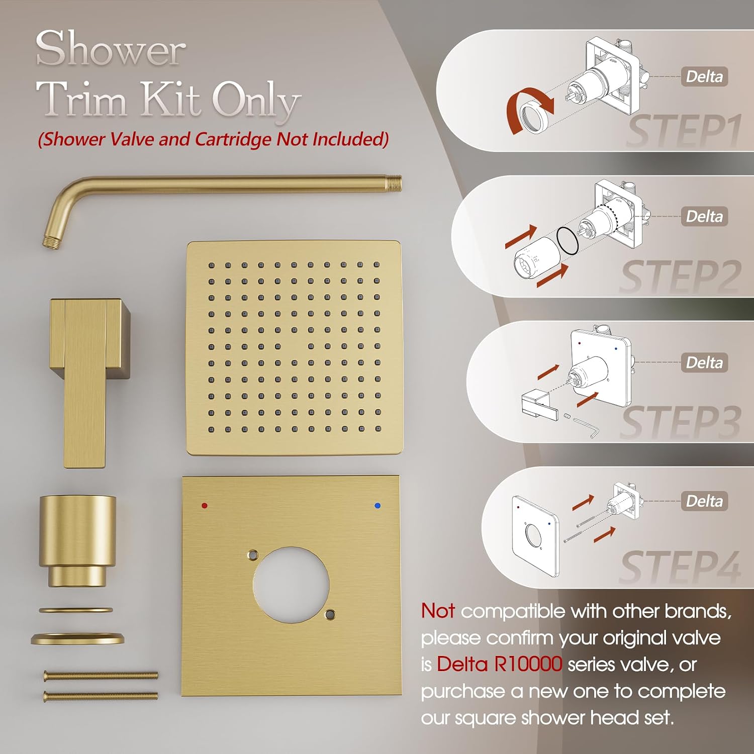 Replacement for Delta Shower Trim Kit Modern 14 Series, 10-Inch Brushed Gold Shower Head and Handle Set, Bathroom Shower Faucet Set with 16-Inch Shower Arm(Valve and Cartridge Not Included)