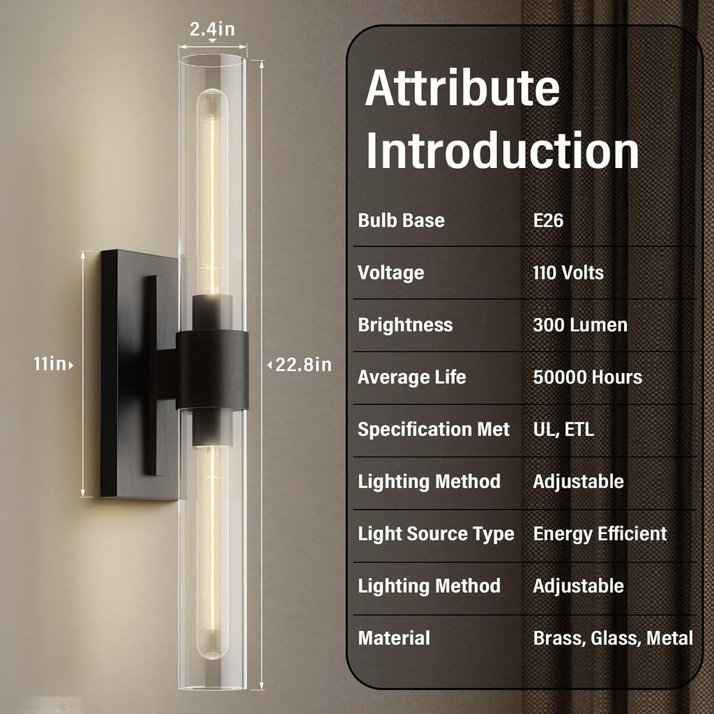 Black Wall Sconces Set of Two, Brass 22.8' Sconces Wall Lighting,Bathroom Vanity Lights with Clear Glass Shade for Mirror, Living Room, Bedroom, Hallway, Fireplace, Staircas（Including Bulb）