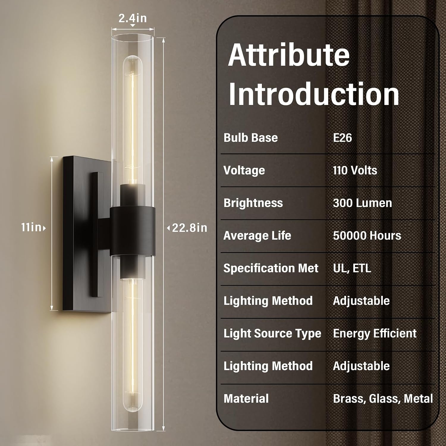 Black Wall Sconces Set of Two, Brass 22.8' Sconces Wall Lighting,Bathroom Vanity Lights with Clear Glass Shade for Mirror, Living Room, Bedroom, Hallway, Fireplace, Staircas（Including Bulb）