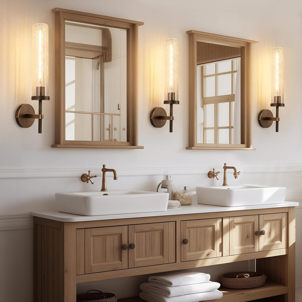 19.5' Knurled Brass Wall Sconce with Crackle Glass Tube, Bronze Bathroom Vanity Light Fixtures, Modern Lamp Lighting for Bedroom, Living Room, Hallway, Staircase, Mirror, Kitchen