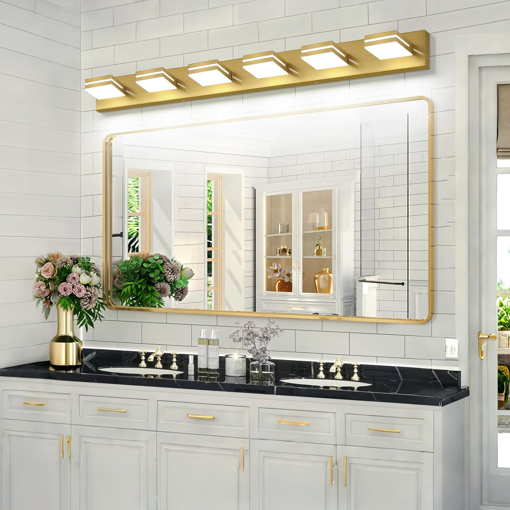 SineRise LED Modern Bathroom Vanity Light Fixtures (6-Light, 48-Inch, Dimmable), Brass Modern Acrylic Bathroom Wall Lighting Fixtures Over Mirror (Cool White 6000K)