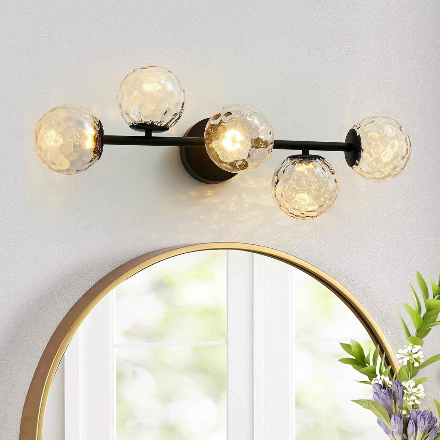Black LED Bathroom Vanity Light: 5-Light Hammered Clear Glass Globe Bathroom Vanity Lights Fixture over Mirror - Mid Century Modern Dimmable Matte Black Bath Room Makeup Fireplace Wall Sconce Lighting