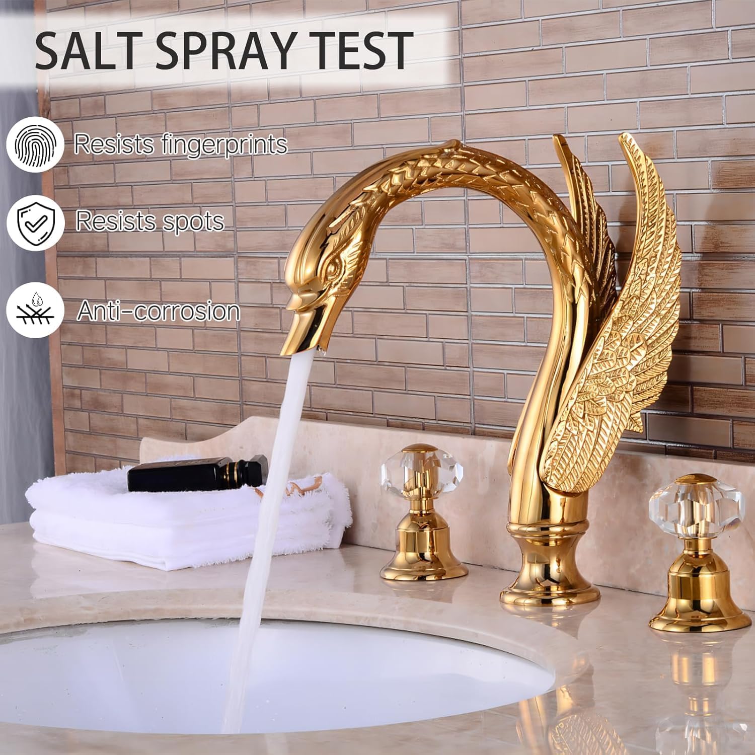 Golden Ornate Swan Style Bathroom Sink Faucet Combo Deck Mount Sink Mixer Tap Set Hot Cold Water