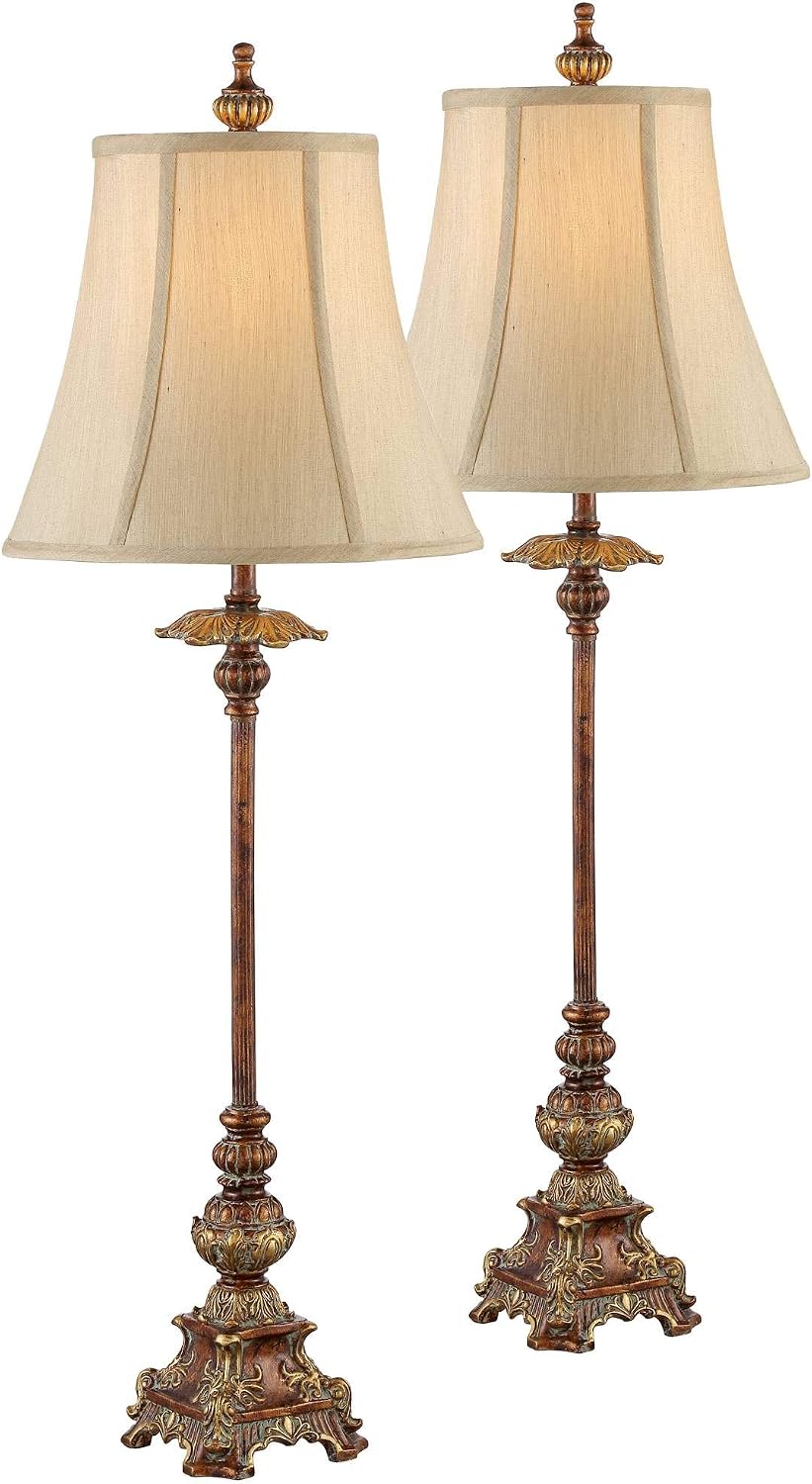 Regency Hill Juliette 36 1/2' Tall Skinny Large Buffet Traditional End Table Lamps Set of 2 Brown Light Bronze Finish Fabric Shade Living Room Bedroom Bedside Nightstand House Office Home Reading