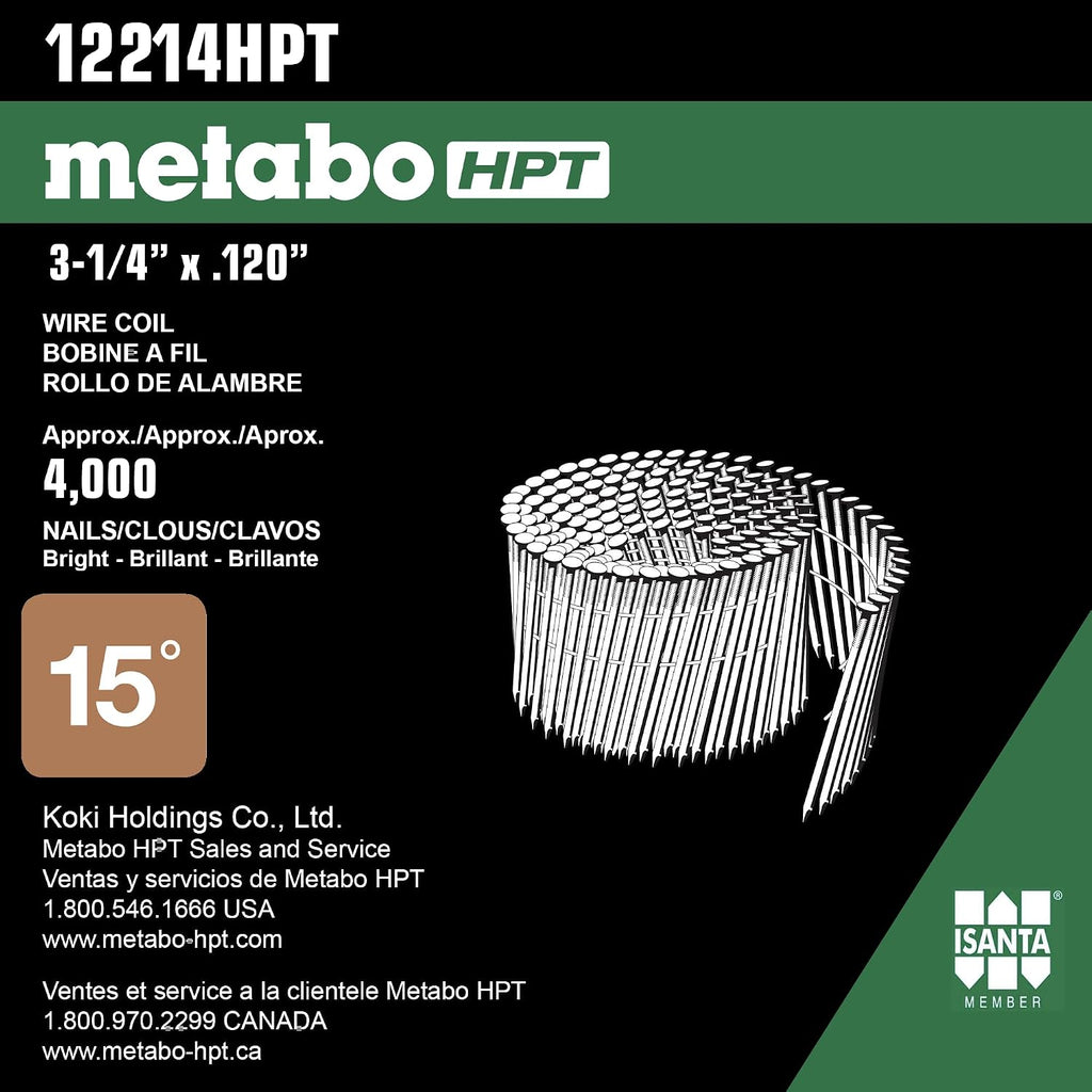 Metabo HPT 12214HPT Full Round Head Brite Basic Wire Coil Framing Nails 3-1/4' x .120 SC | 4000 Count