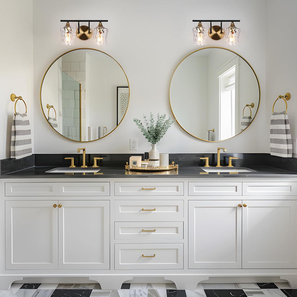 KSANA Bathroom Vanity Lights, 2-Light Black and Electroplated Brass Vanity Light Over Mirror Mid-Century Modern Bathroom Light Fixtures with Textured Glass, 14' L x 6.7' W x 7.3' H