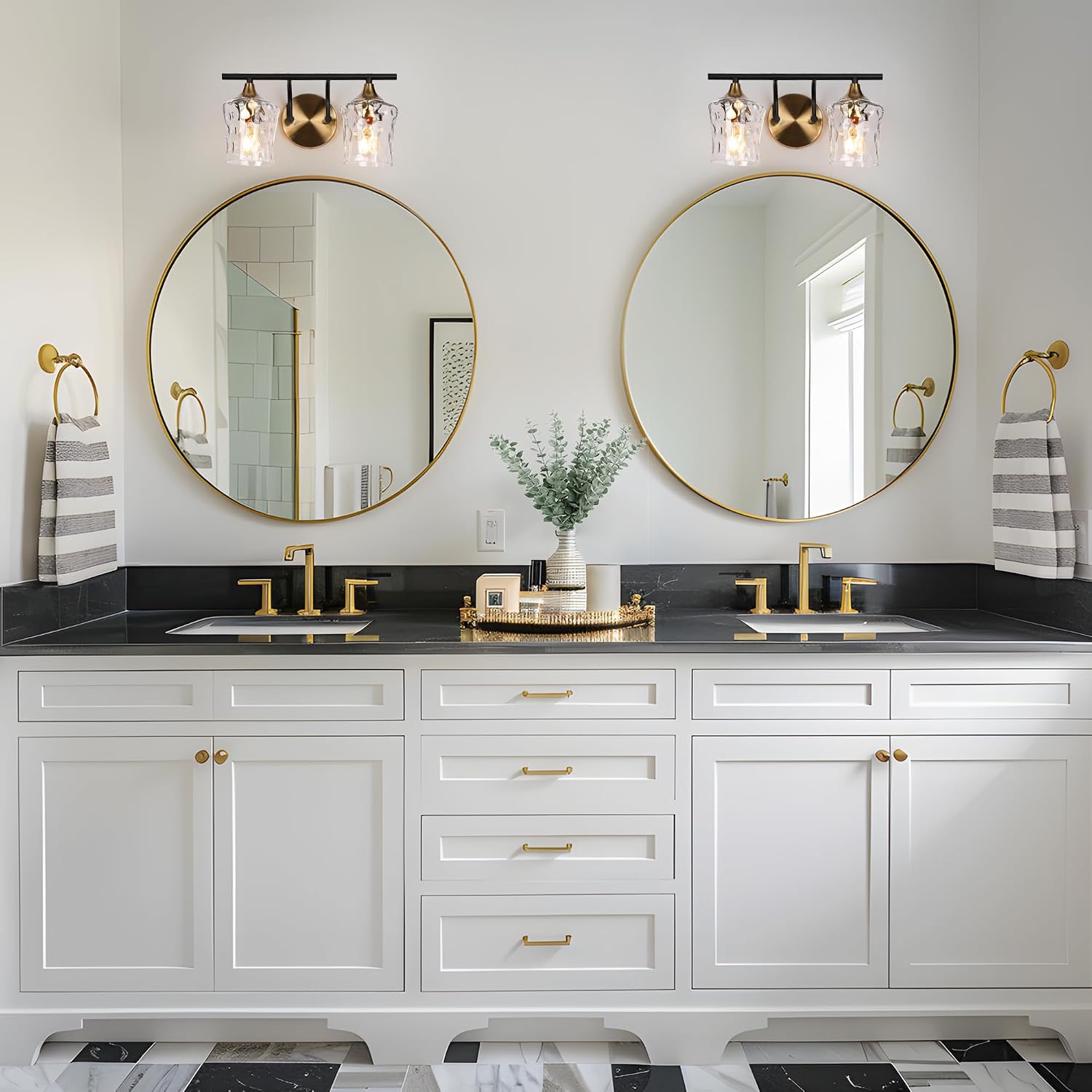 KSANA Bathroom Vanity Lights, 2-Light Black and Electroplated Brass Vanity Light Over Mirror Mid-Century Modern Bathroom Light Fixtures with Textured Glass, 14' L x 6.7' W x 7.3' H