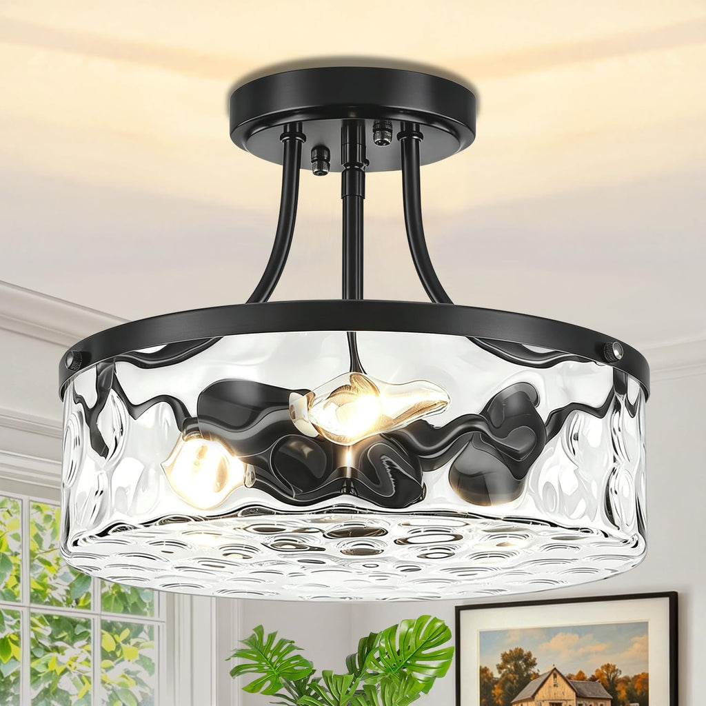 TOULMJ Black Semi Flush Mount Ceiling Light, 11.81' Hammered Glass Light Fixture, 3-Light Modern Hallway Lights Fixture for Kitchen Entryway Bedroom Foyer Laundry Dining Room