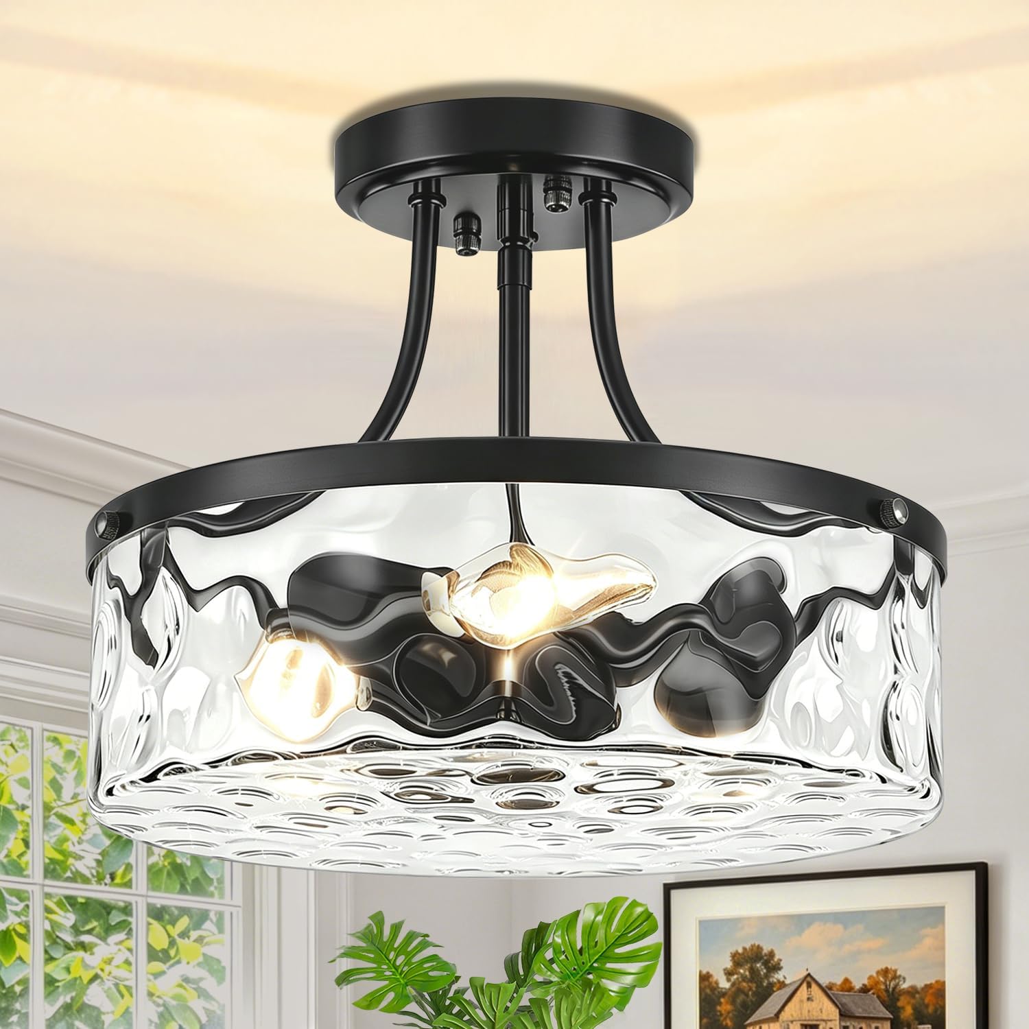 TOULMJ Black Semi Flush Mount Ceiling Light, 11.81' Hammered Glass Light Fixture, 3-Light Modern Hallway Lights Fixture for Kitchen Entryway Bedroom Foyer Laundry Dining Room
