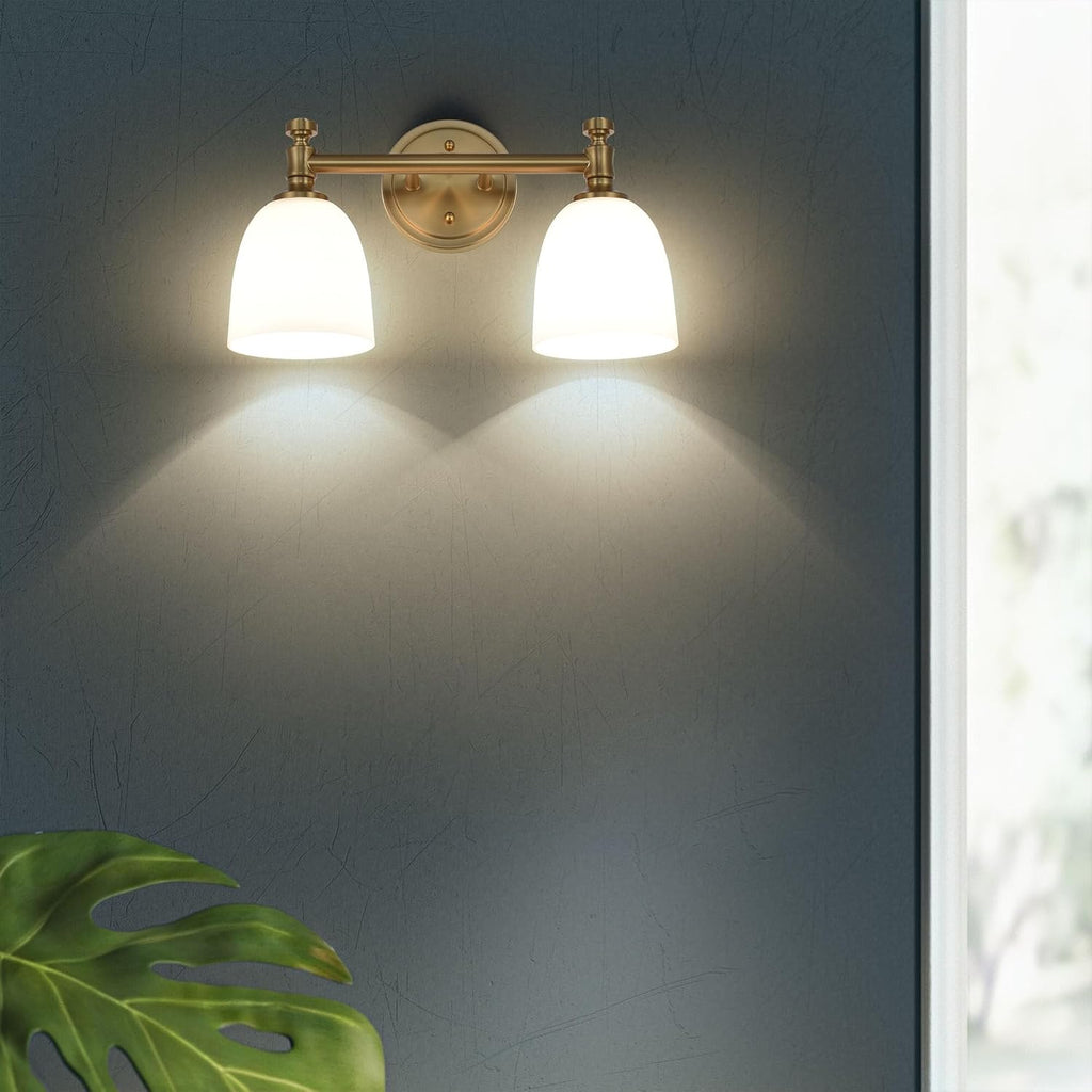 Gold Bathroom Vanity Light Fixtures, 2-Light Over Mirror, Traditional Vanity Lights for Living Room, Milk White Glass Shades, Standard E26 Base, Aged Brass, 16.3' W x 9.4' H x 6.25' D