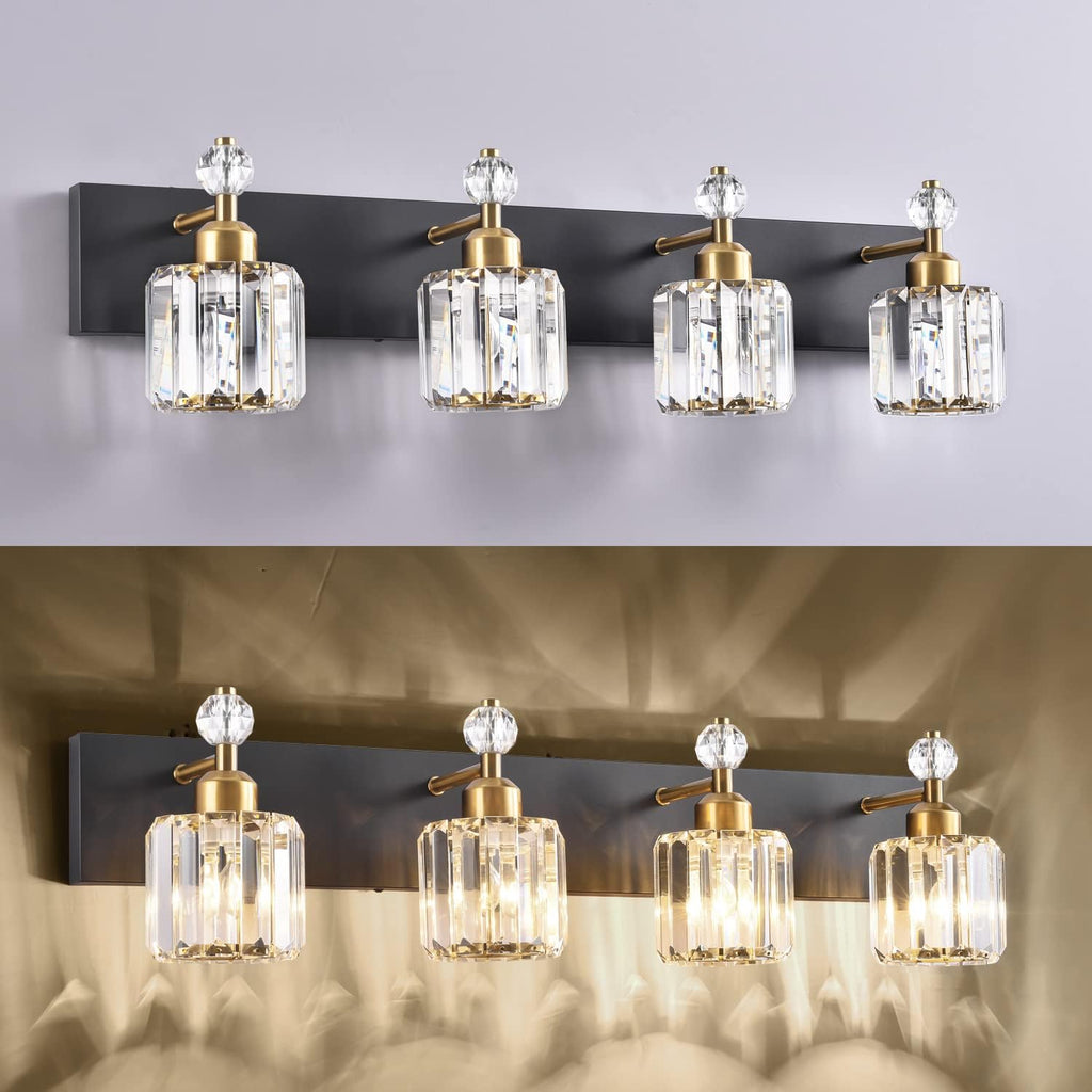 PRESDE 4-Light Crystal Bathroom Vanity Light, Modern Black and Gold Bathroom Lights Fixtures Over Mirror Modern Bath Wall Sconce