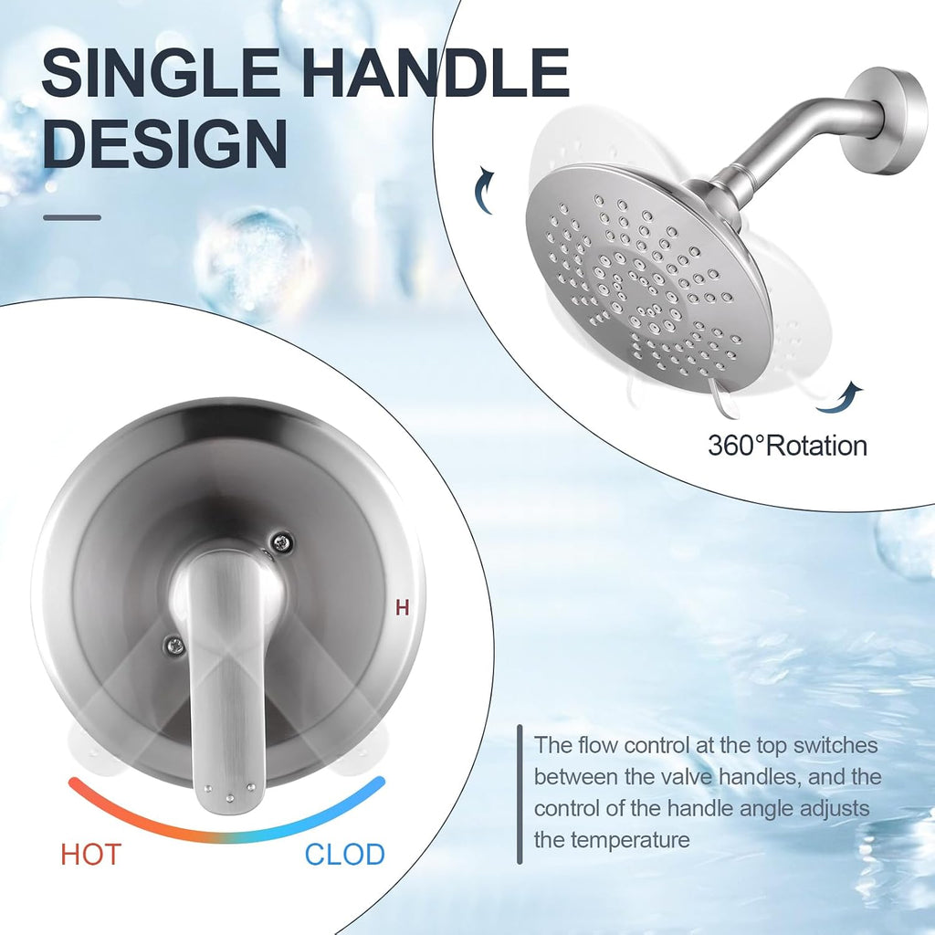 Shower Faucet with Valve, Bathroom Shower Faucet Kit, Solid Brass Shower Head Faucet Set Complete, Single Handle Rain Shower Head Trim Kit for Bathroom, Brushed Nickel