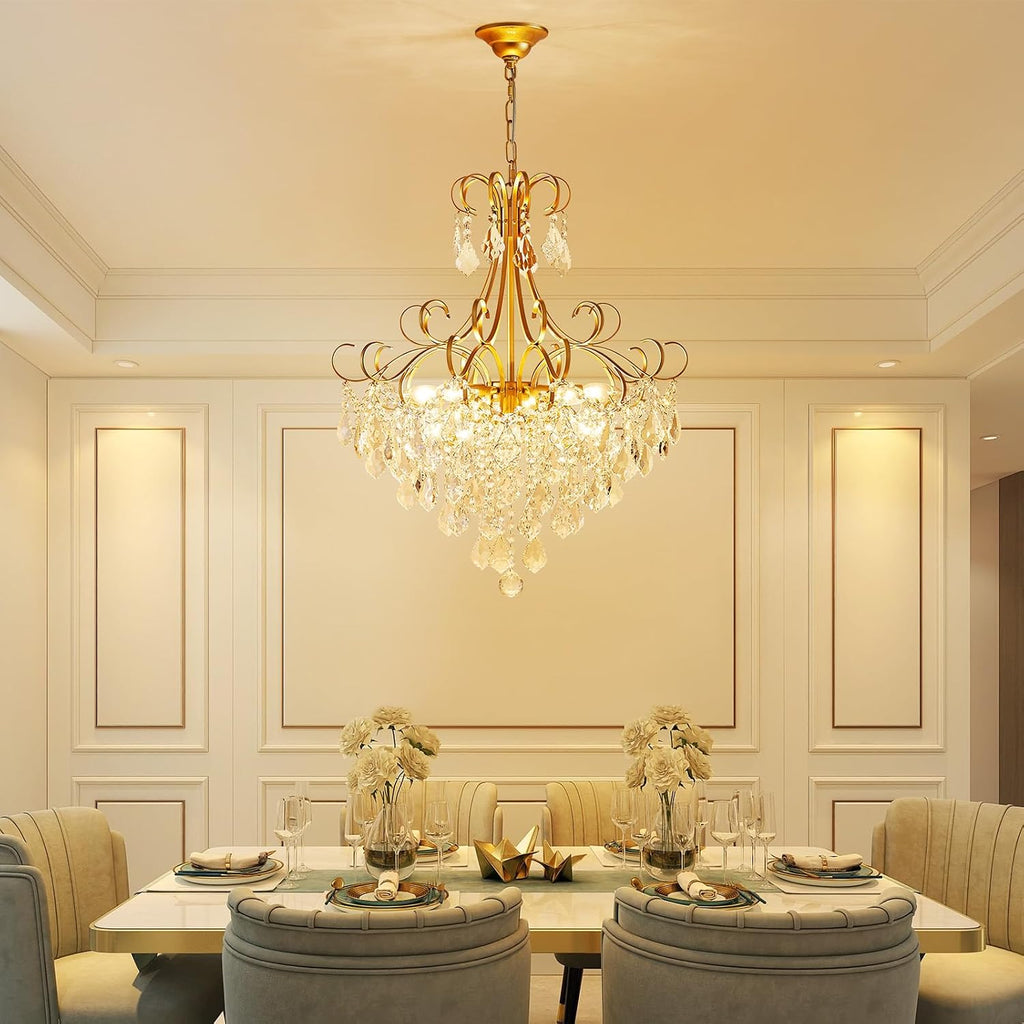 WUZUPS Crystal Chandelier 10-Light Pendant Ceiling Light Modern Lighting Fixture for Dining Room Hallway Bedroom Kitchen Bathroom, H 27.6' x W 22.8', E12 Base, Gold