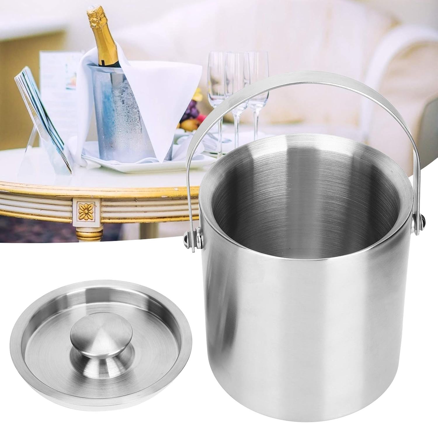 ice Bucket,Bucket with lid, Ice Buckets for Parties Stainless Steel Bucket, Insulated with Lid, with Lid Stainless Steel Double Layer Champagne Barrel Bar Supplies 2L