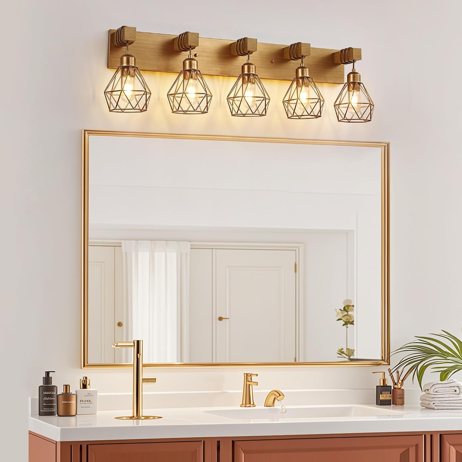 maesta Bathroom Gold Vanity Light Fixtures, 5-Light Gold Bathroom Light Fixtures Over Mirror, Sconces Wall Lighting with Elegant Metal Lampshade for Living Room, Bedroom, Hallway