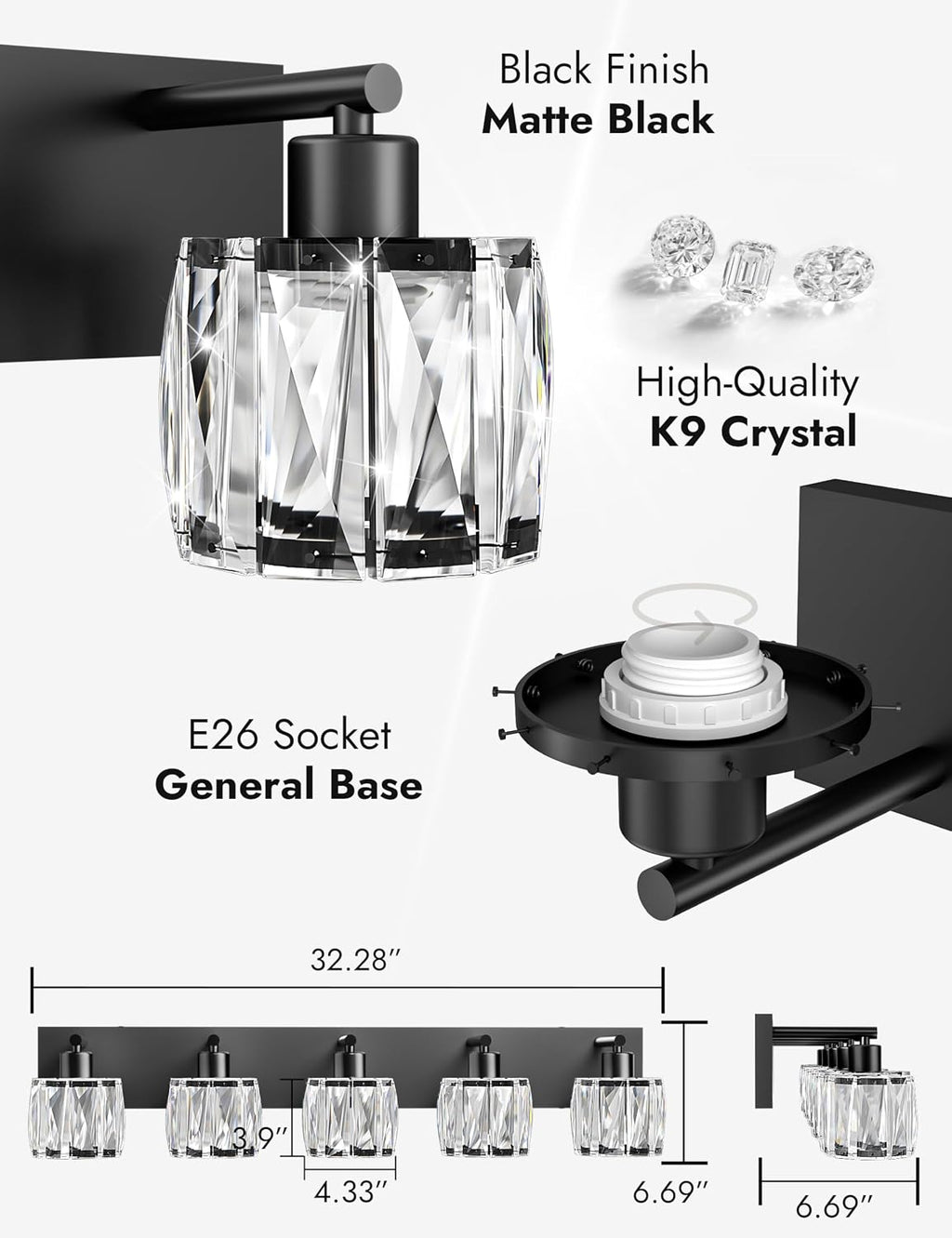 VOLISUN Crystal Vanity Lights for Bathrooms, 5 Light Bathroom Vanity Light, Modern Matte Black Bathroom Light Over Mirror, Black Bathrooms Lights Fixtures-UL Certificated(Exclude Bulb)