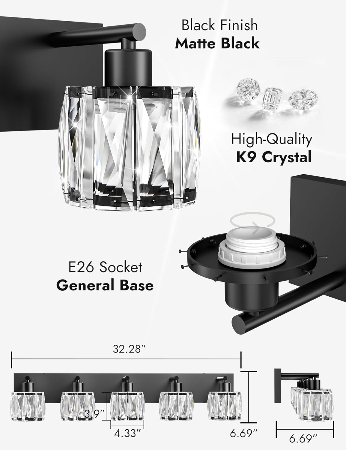 VOLISUN Crystal Vanity Lights for Bathrooms, 5 Light Bathroom Vanity Light, Modern Matte Black Bathroom Light Over Mirror, Black Bathrooms Lights Fixtures-UL Certificated(Exclude Bulb)