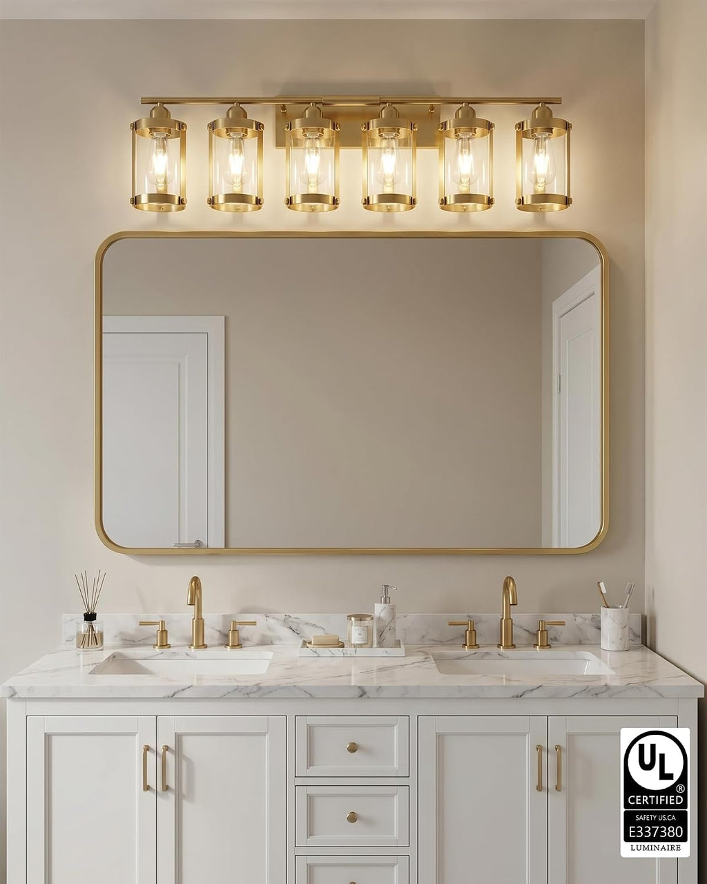 6-Light Brushed Gold Bathroom Light Fixtures Over Mirror with Clear Glass and Metal Cage Shade, 42' UL-Listed Modern Farmhouse Wall Sconce for Bath, Hardwire E26, OS-3014BG-6W