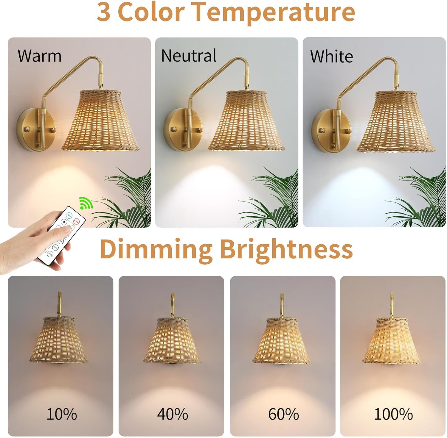 Boho Rattan Rechargeable Wall Sconce,Gold Swing Arm Wall Sconces Set of 2 Battery Operated,4200mAh Battery Operated Wall Sconce,Dimmable Remote Rechargeable Wall Lights for Bedroom,Living Room