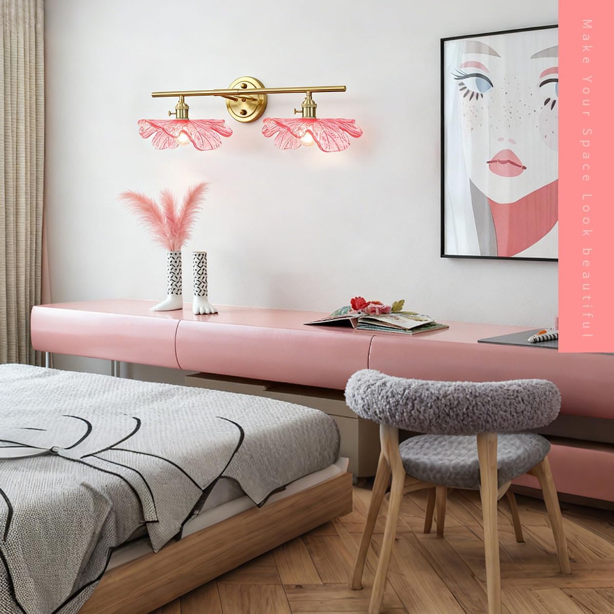 Pink Glass Wall Sconce Light Gold Brass Bathroom Vanity Lights | 2 Light, Bathroom Lights Over Mirror, Vintage, MCM, Grils Room,Bedside,Doorway, E26, Easy to Install, Wall Sconce, Wall Light