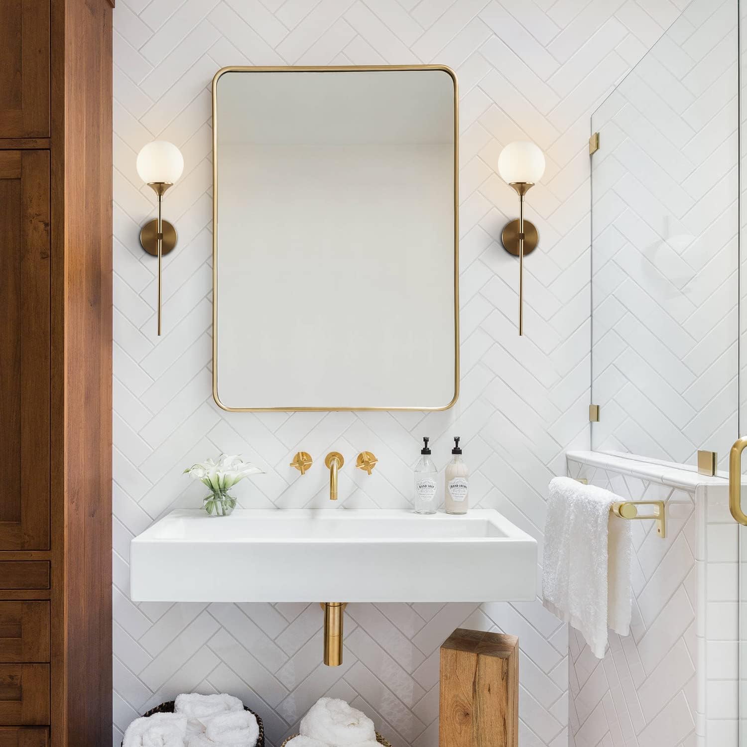 KCO Mid-Century Modern Wall Mounted Sconces Set of 2 Brushed Gold Globe Vanity Light Fixture Long Arm Industrial Bathroom Lighting Fixtures Over Mirror (White)