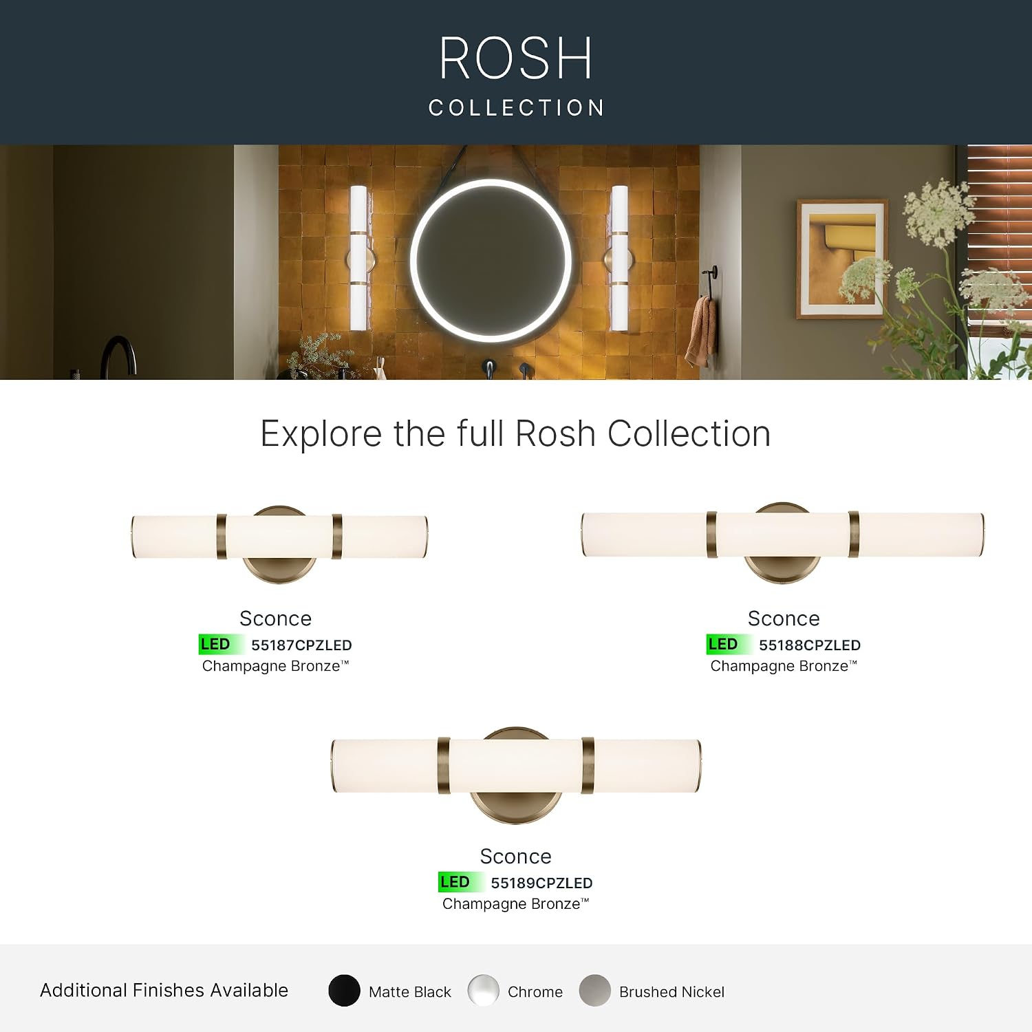 Kichler Rosh 18 in LED Bathroom Vanity Light Fixture with White Glass in Champagne Bronze, Modern Minimalist Bath Bar for Mirror, Dimmable (18 in W x 5 in H), 55187CPZLED