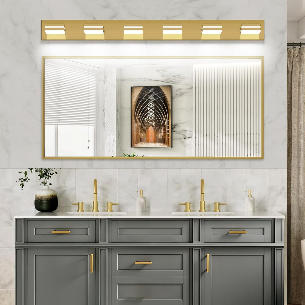 SineRise LED Modern Bathroom Vanity Light Fixtures (6-Light, 48-Inch, Dimmable), Brass Modern Acrylic Bathroom Wall Lighting Fixtures Over Mirror (Cool White 6000K)