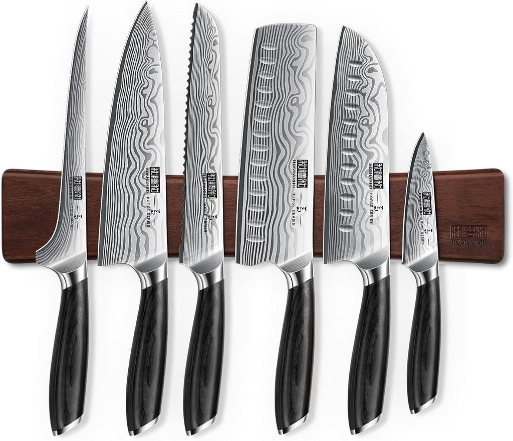 HOSHANHO 7 Pieces Knife Set with Magnetic Knife Holder, Ultra Sharp Powder Steel Kitchen Knives Set, Professional Chef Knife Sets with Ergonomic Pakkawood Handle