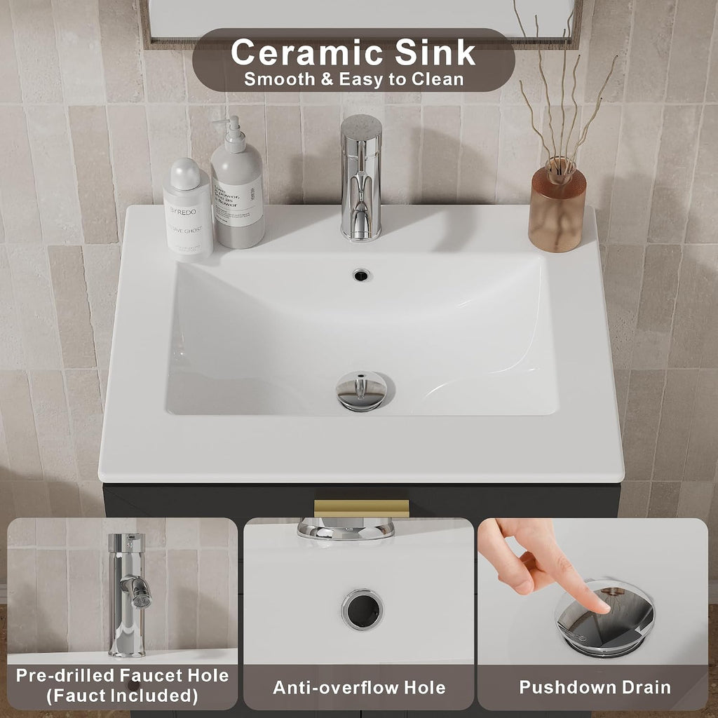 KIGOTY 24' Modern Bathroom Vanity with Ceramic Sink, Wooden Bathroom Storage Cabinet and Sink Combo Set, Freestanding Vanity Sink Cabinet with Faucet, Drawer and Soft-Closing Door (Black)