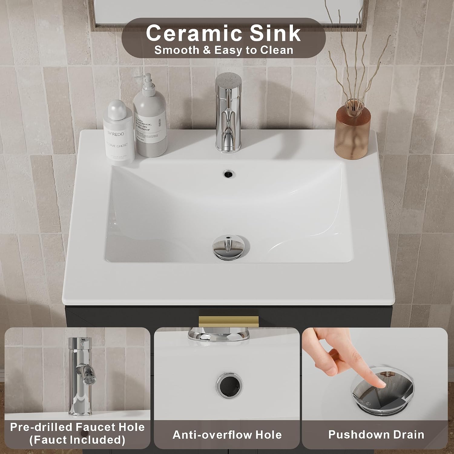 KIGOTY 24' Modern Bathroom Vanity with Ceramic Sink, Wooden Bathroom Storage Cabinet and Sink Combo Set, Freestanding Vanity Sink Cabinet with Faucet, Drawer and Soft-Closing Door (Black)