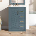 24 Inch Dark Blue Bathroom Vanity with Sink & Integrated Countertop,Modern Freestanding Bathroom Vanity with Single Sink,Gold Handles & Right Hand 3 Drawers,Soft Closing Door,Herringbone Front