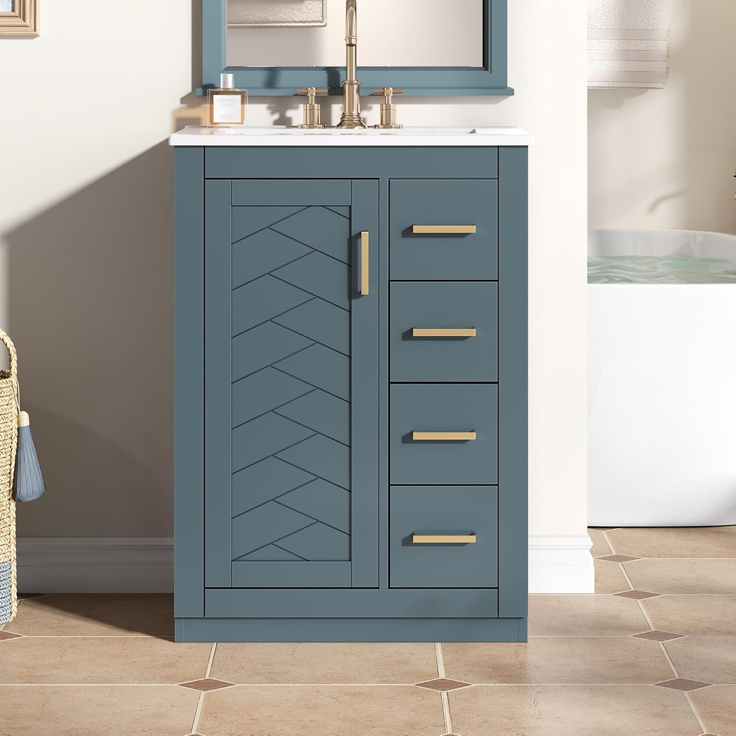 24 Inch Dark Blue Bathroom Vanity with Sink & Integrated Countertop,Modern Freestanding Bathroom Vanity with Single Sink,Gold Handles & Right Hand 3 Drawers,Soft Closing Door,Herringbone Front