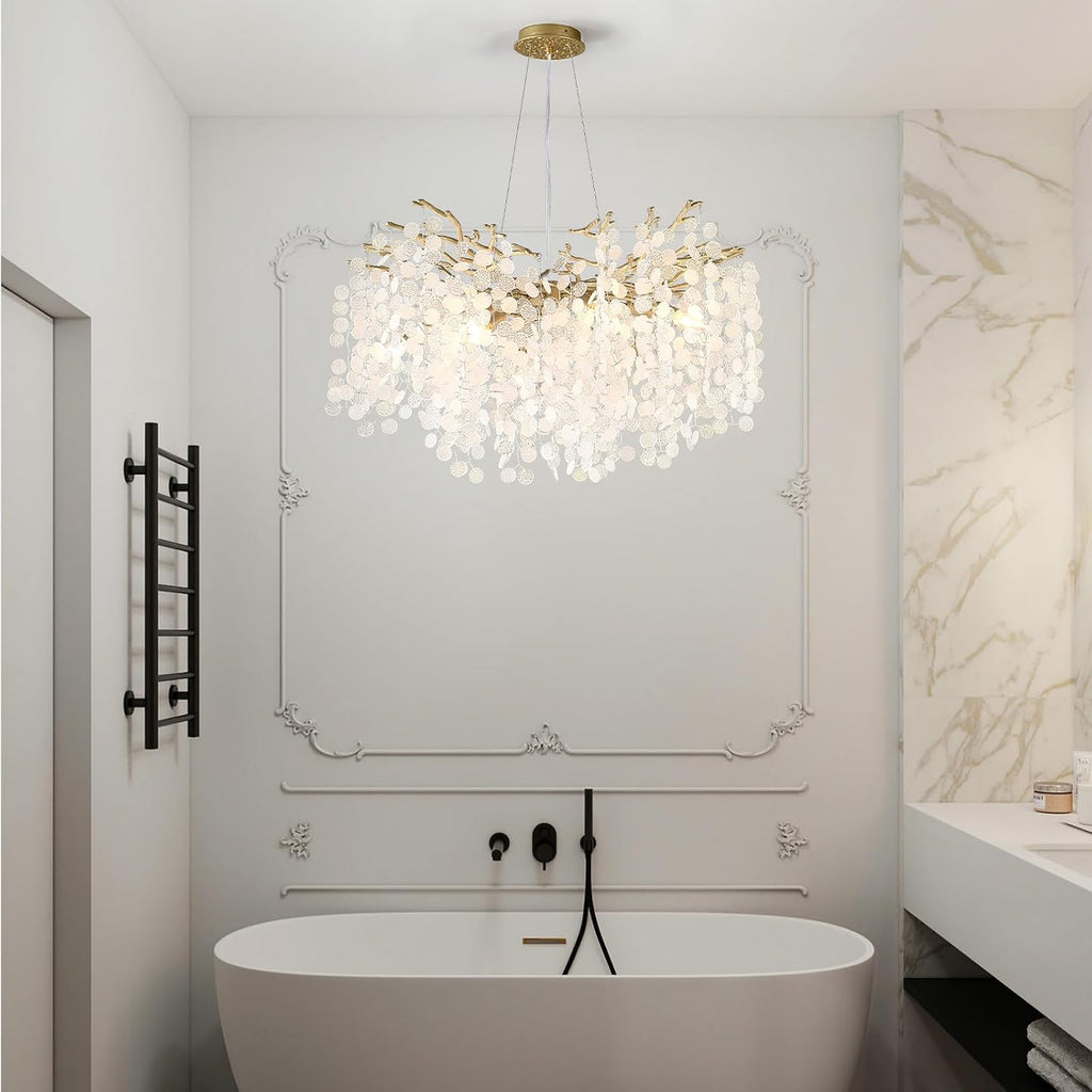 32 Inch Gold Crystal Chandelier, 10-Light Coastal Chandeliers for Dining Room, Large Modern Tree Branch Light Fixtures, Seashell Chandelier for Entryway Foyer Bathroom Living Room, E12