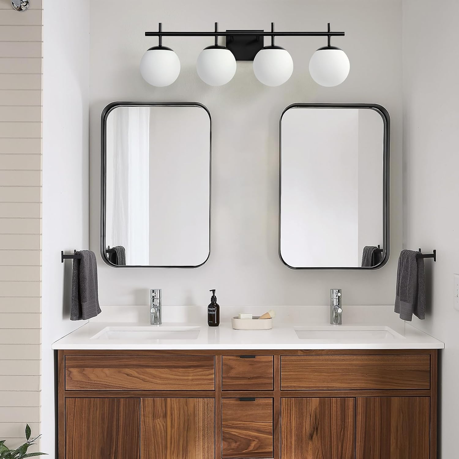 AIJIASI Bathroom Lighting Fixtures Over Mirror, 4-Light Matte Black Vanity Light, 30.7 Inch Modern Bathroom Light Fixtures with Milky White Glass Globe Shade Bath Vanity Lighting Fixtures Wall Sconce