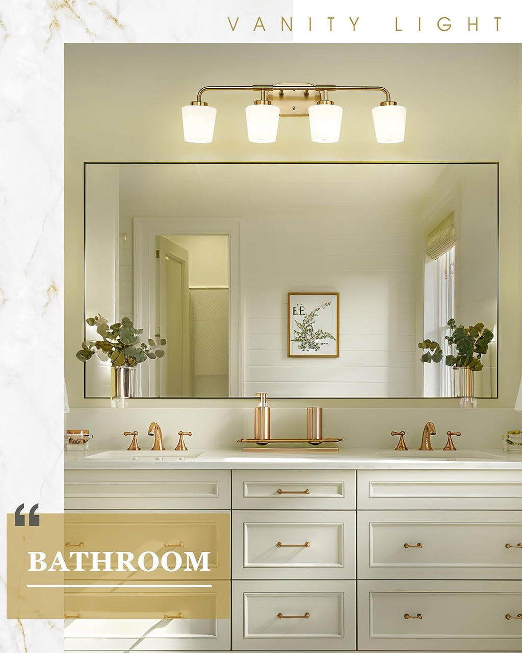 Bathroom Light Fixtures Over Mirror, 4-Light Brushed Gold Vanity Lighting Fixtures with Milk White Glass, Farmhouse Champagne Bronze Wall Sconces Lighting, AD-22004-4W-GD