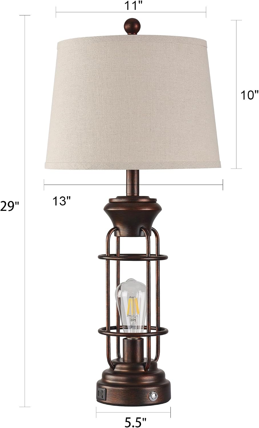 Table Lamps for Living Room Set of 2, 28.5' Farmhouse Lamps for Nightstand with USB C+A Ports, Touch Lamps for Bedroom, LED Bulbs Included