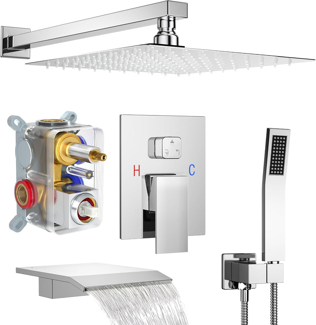 Polished Chrome Shower System with 12-Inch Rain Showerhead and Tub Spout | cUPC-certified pressure balance brass valve to prevent scalding, CEC-certified air injection technology for low pressure