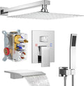 Polished Chrome Shower System with 12-Inch Rain Showerhead and Tub Spout | cUPC-certified pressure balance brass valve to prevent scalding, CEC-certified air injection technology for low pressure