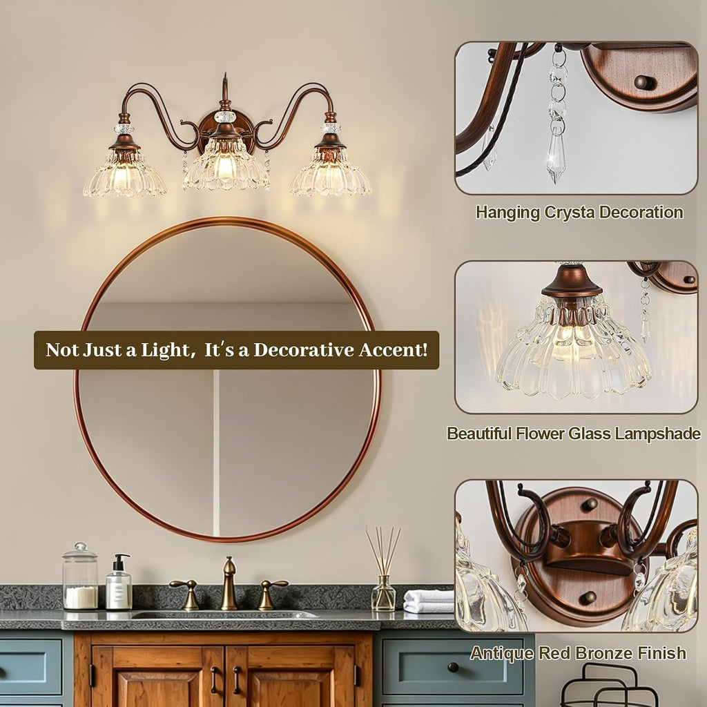 Vintage Bathroom Vanity Light, 3-Light Matte Antique Red Bronze Finish Wall Sconce with Hanging Crystal Accent and Flower-Shaped Clear Glass Shades, Retro Wall Mount Vanity Light Over Mirror