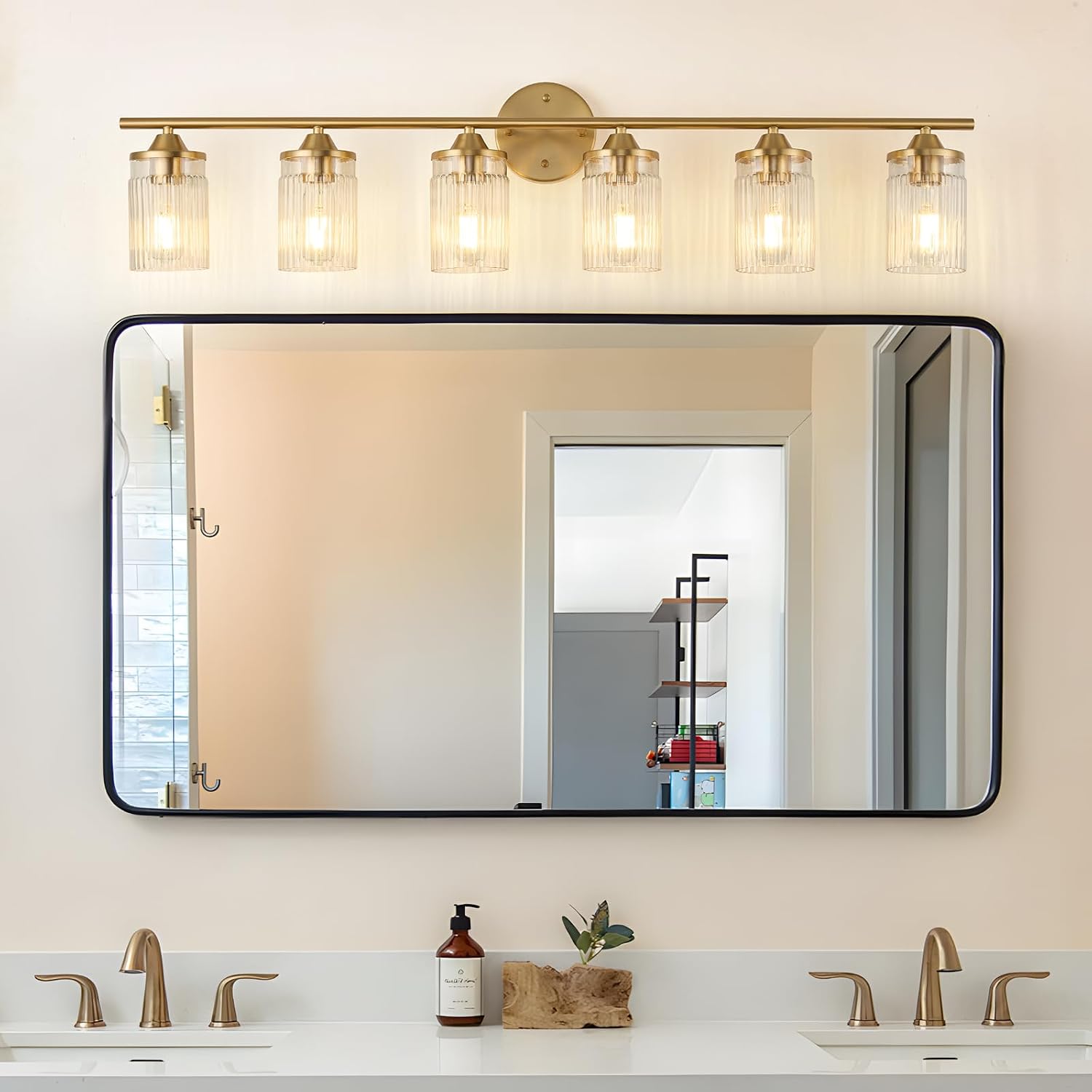 Jonsi Gold Bathroom Light Fixtures 6-Light Vanity Lights Modern Wall Sconce with Clear Glass Shade Brushed Brass Bathroom Light Fixture Over Mirror for Bedroom Hallway Kitchen