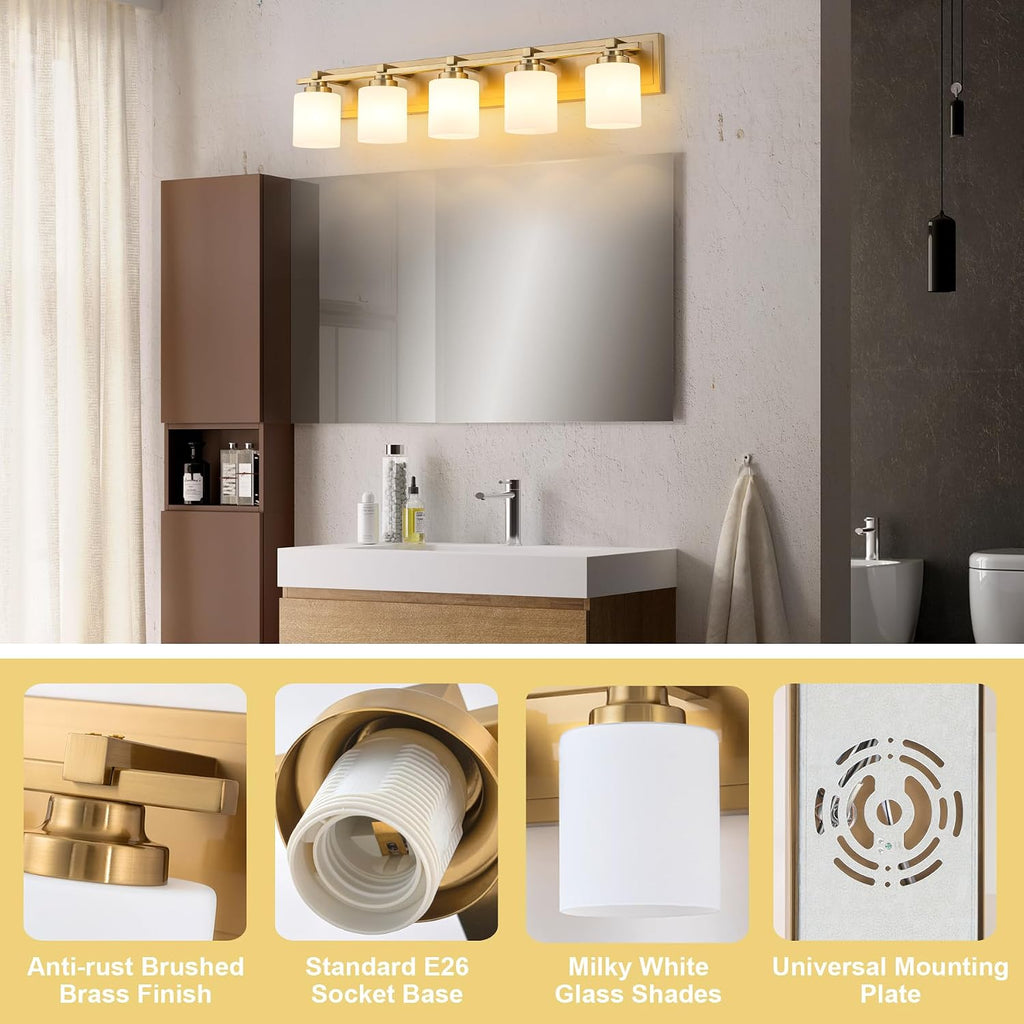 Modern Bathroom Light Fixtures Over Mirror, Vanity Lights for Bathroom Wall Sconces with Milky White Glass Shades, E26 Socket (Bulbs Not Included), 5 Light, Brass