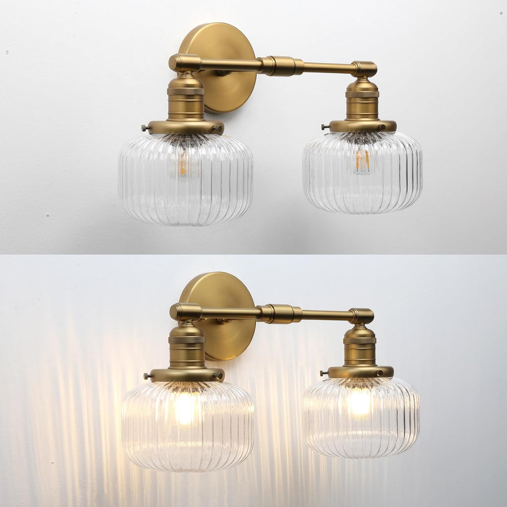 2-Lights Industrial Glass Wall Sconces, Antique Brass Clear Striped Globe Shade Wall Light Fixture for Bathroom Vanity, Bedroom, Dining Room, Living Room, Farmhouse, Stairs