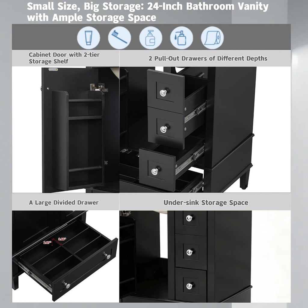 Bellemave 24' Bathroom Vanity with Sink Combo Set, Solid Wood Frame Bathroom Storage Cabinet with 3 Drawers, Soft Closing Cabinet Door with Organizer, Black