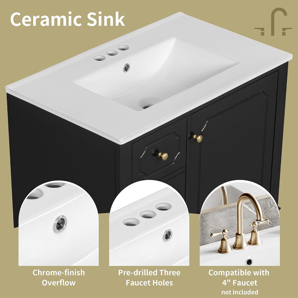30' Bathroom Vanity with Sink, Harper & Bright Designs Free Standing Single Vanity Set with 3 Drawers and One Door with Storage Racks, Solid Wood Storage Cabinet with Ceramic Basin for Bathroom, Black